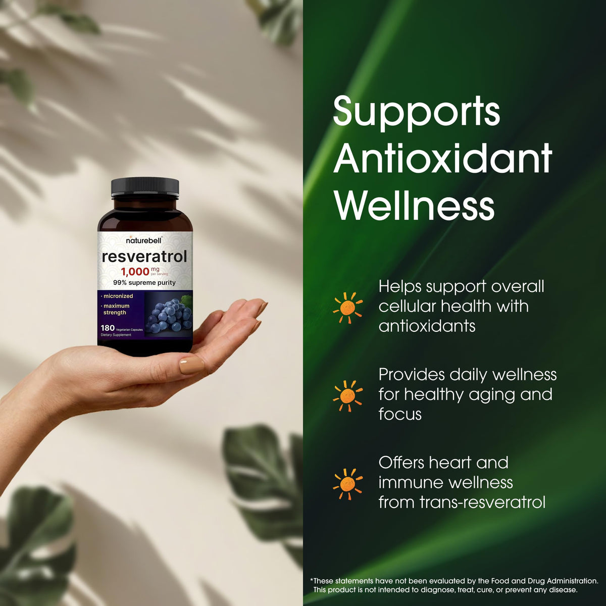 Vue des capsules NatureBell Resveratrol dans une main