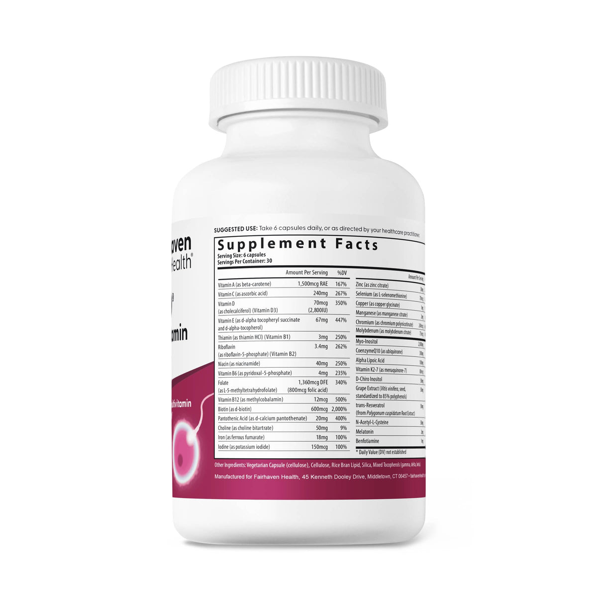 Vue des capsules prénatales Fairhaven Health sur une table