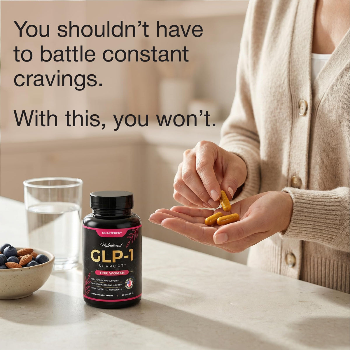 Vue des capsules vegan GLP-1 UNALTERED sur fond blanc