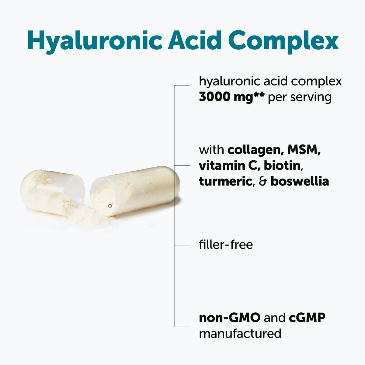 Vue des capsules végétales de Complexe d'Acide Hyaluronique 3000mg Micro Ingredients