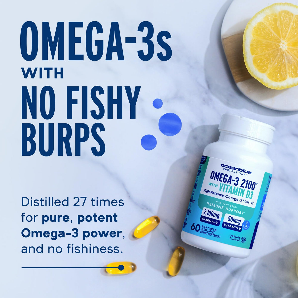 Vue des gélules Oceanblue Omega-3 2100 sur fond blanc