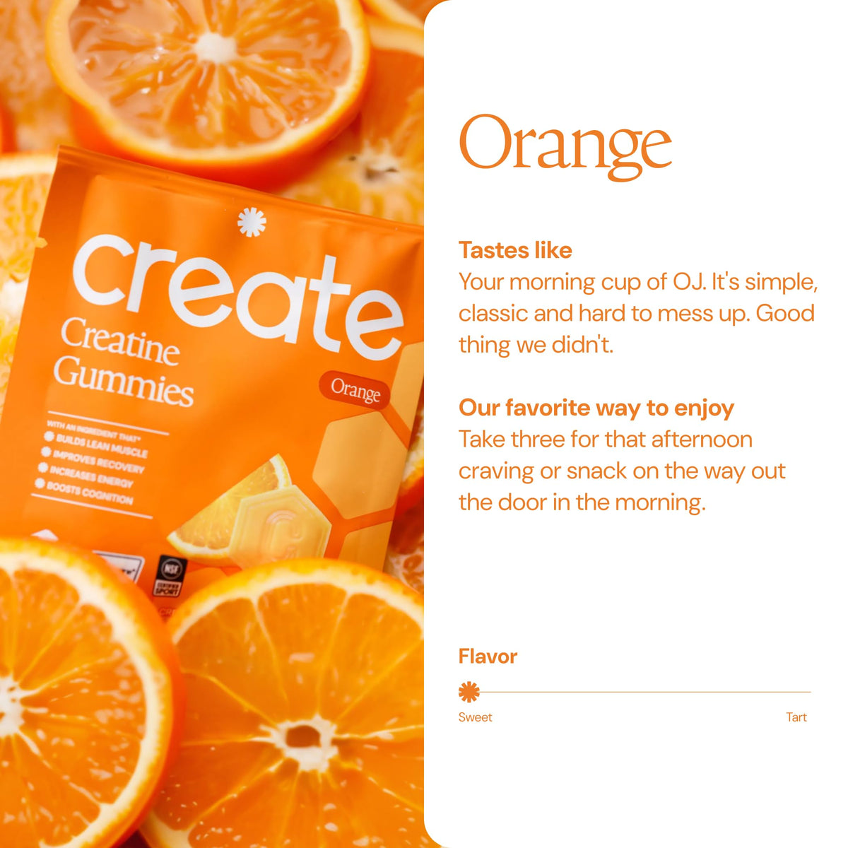 Vue des gummies de créatine monohydrate Create, trois gummies sur une surface blanche