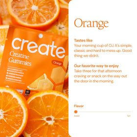 Vue des gummies de créatine monohydrate Create, trois gummies sur une surface blanche