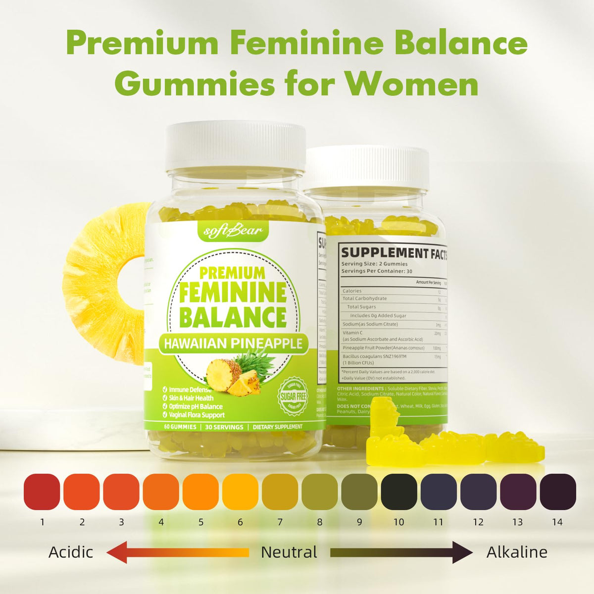 Vue des gummies softbear équilibre féminin avec ananas en arrière-plan