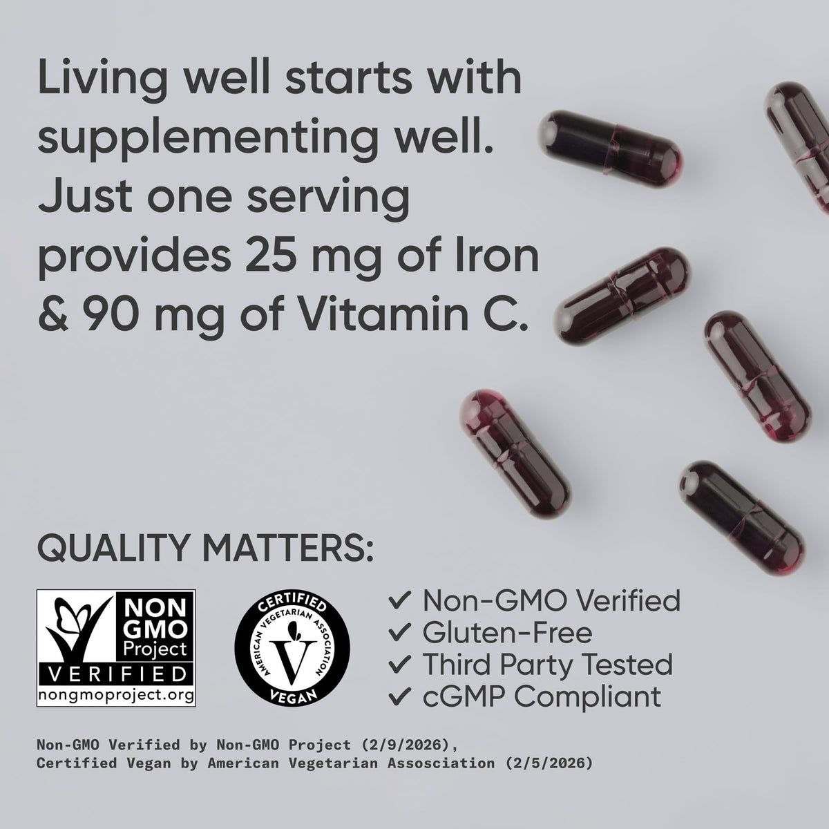 Vue des ingrédients de Sports Research Fer 25mg avec Vitamine C