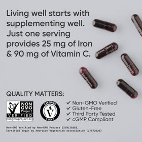 Vue des ingrédients de Sports Research Fer 25mg avec Vitamine C