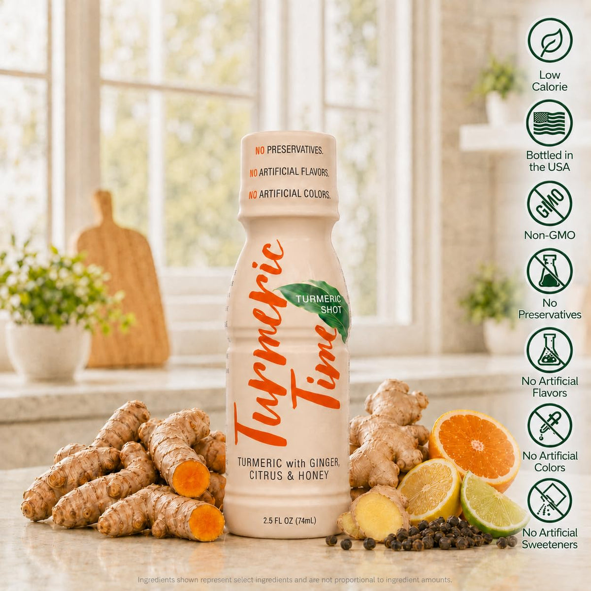 Vue des shots de curcuma Turmeric Time, emballage et contenu