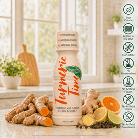 Vue des shots de curcuma Turmeric Time, emballage et contenu