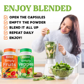 Vue du complément alimentaire Fruits & Légumes Simply Nature's Pledge avec des fruits frais