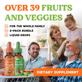 Vue du complément alimentaire liquide Fruits & Légumes Simply Nature's Pledge avec fruits frais