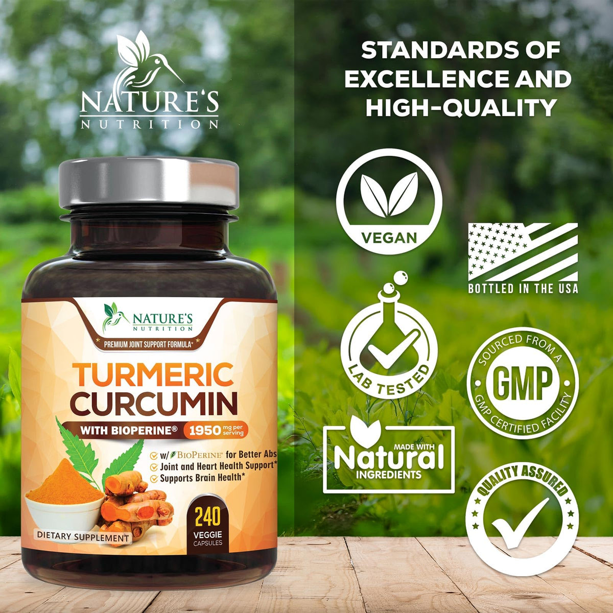 Vue du complément Curcuma Nature's Nutrition avec capsules en main