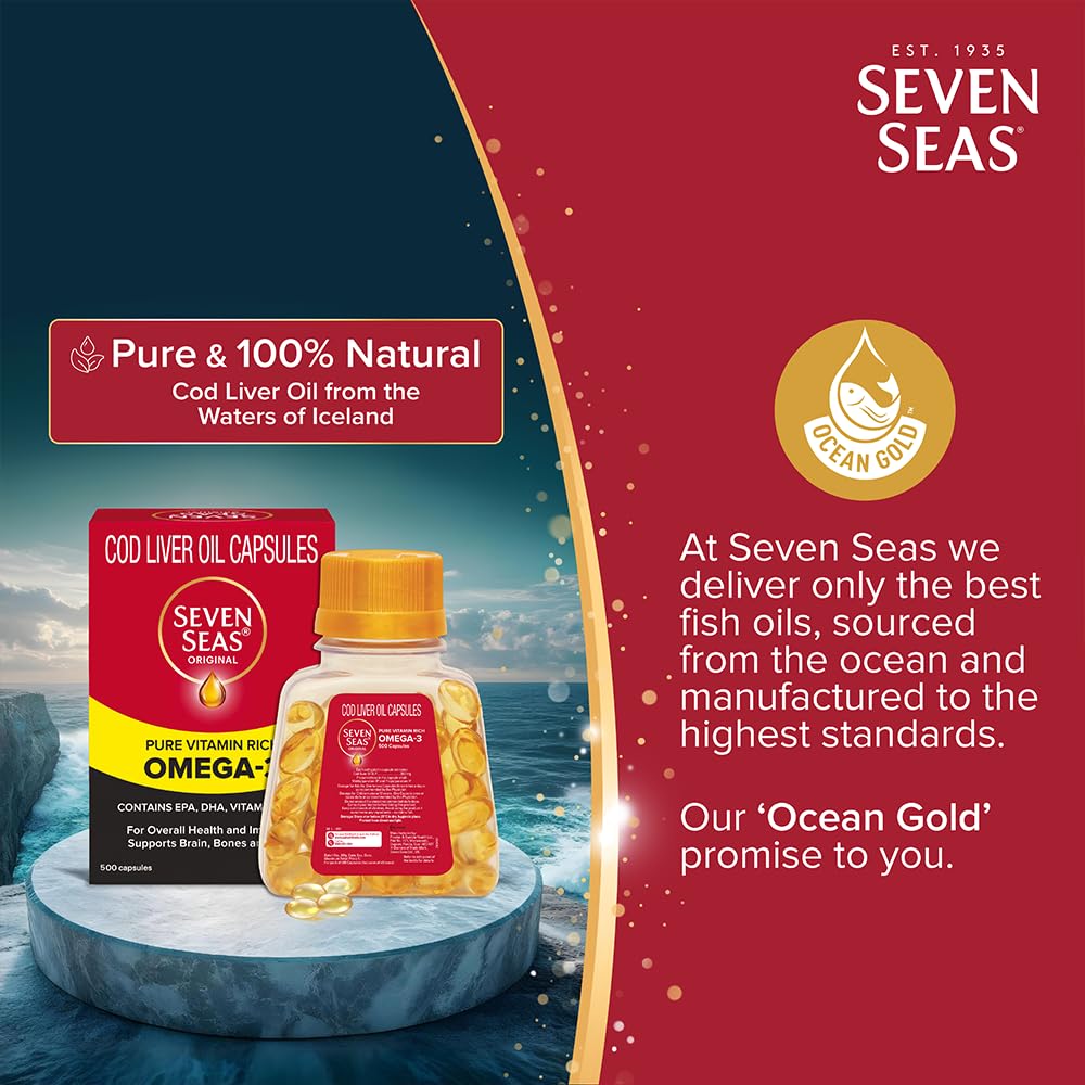 Vue du côté de la boîte de capsules d'huile de foie de morue Sevenseas