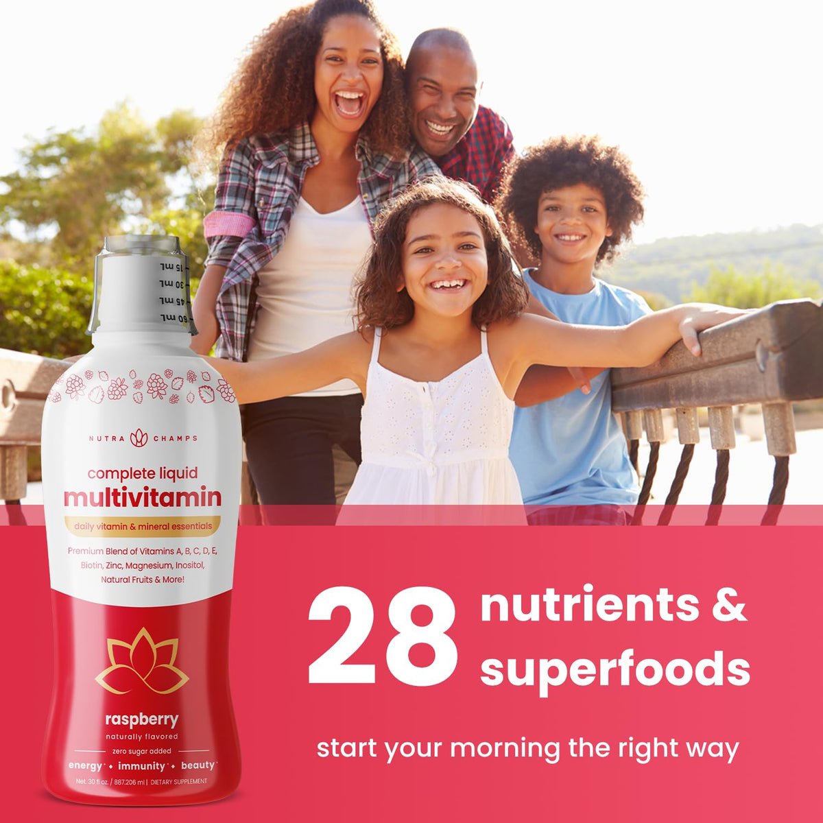 Vue du dessus de la bouteille des multivitamines liquides NutraChamps