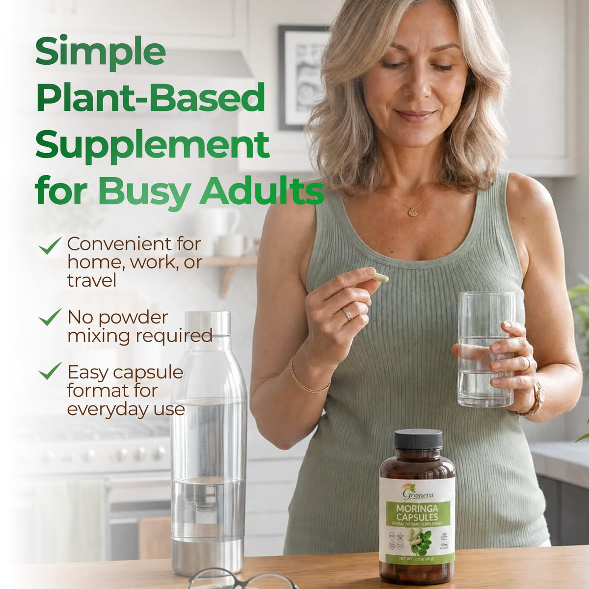 Vue du dessus du flacon de capsules de moringa Grenera