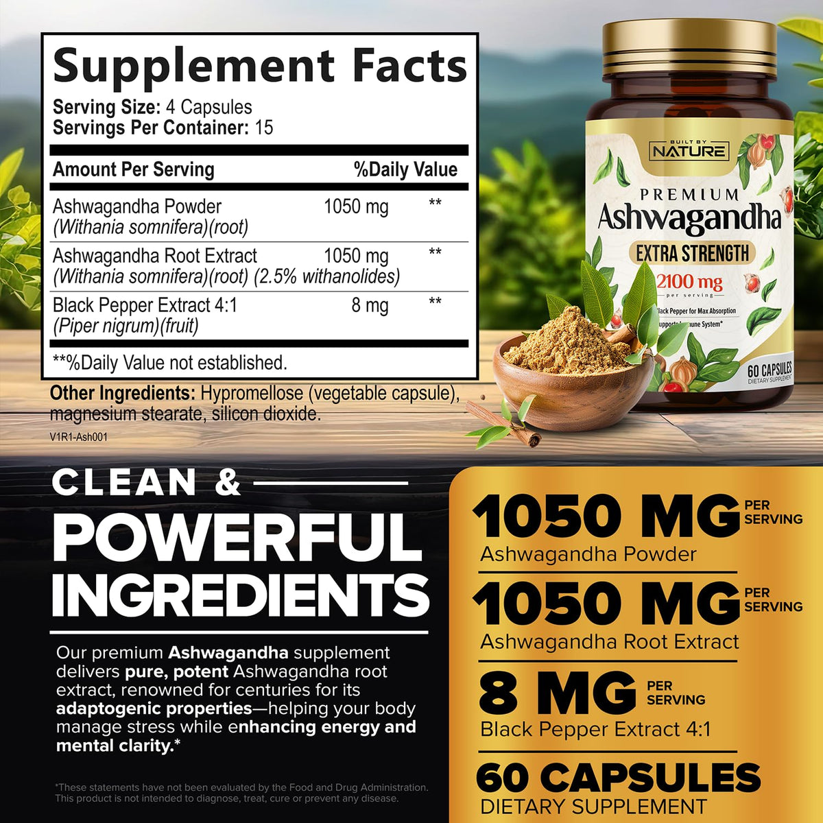 Vue du dos de la boîte Ashwagandha 2100mg avec informations nutritionnelles