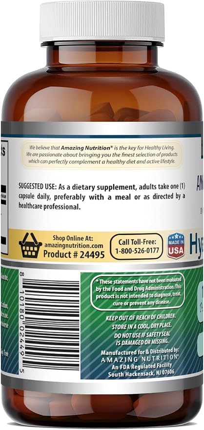 Vue du flacon d'Acide Hyaluronique Amazing Nutrition avec les capsules à côté