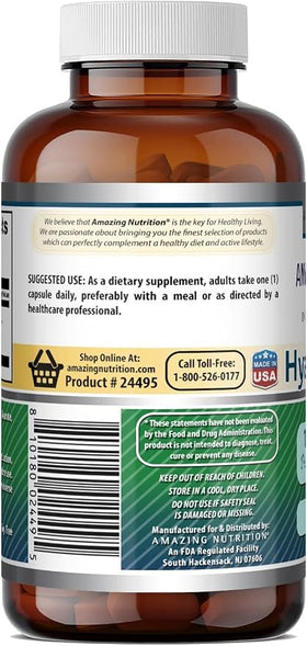 Vue du flacon d'Acide Hyaluronique Amazing Nutrition avec les capsules à côté