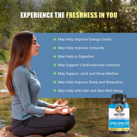 Vue du flacon d'Ancient Bliss Acide Alpha-Lipoïque 600mg de côté
