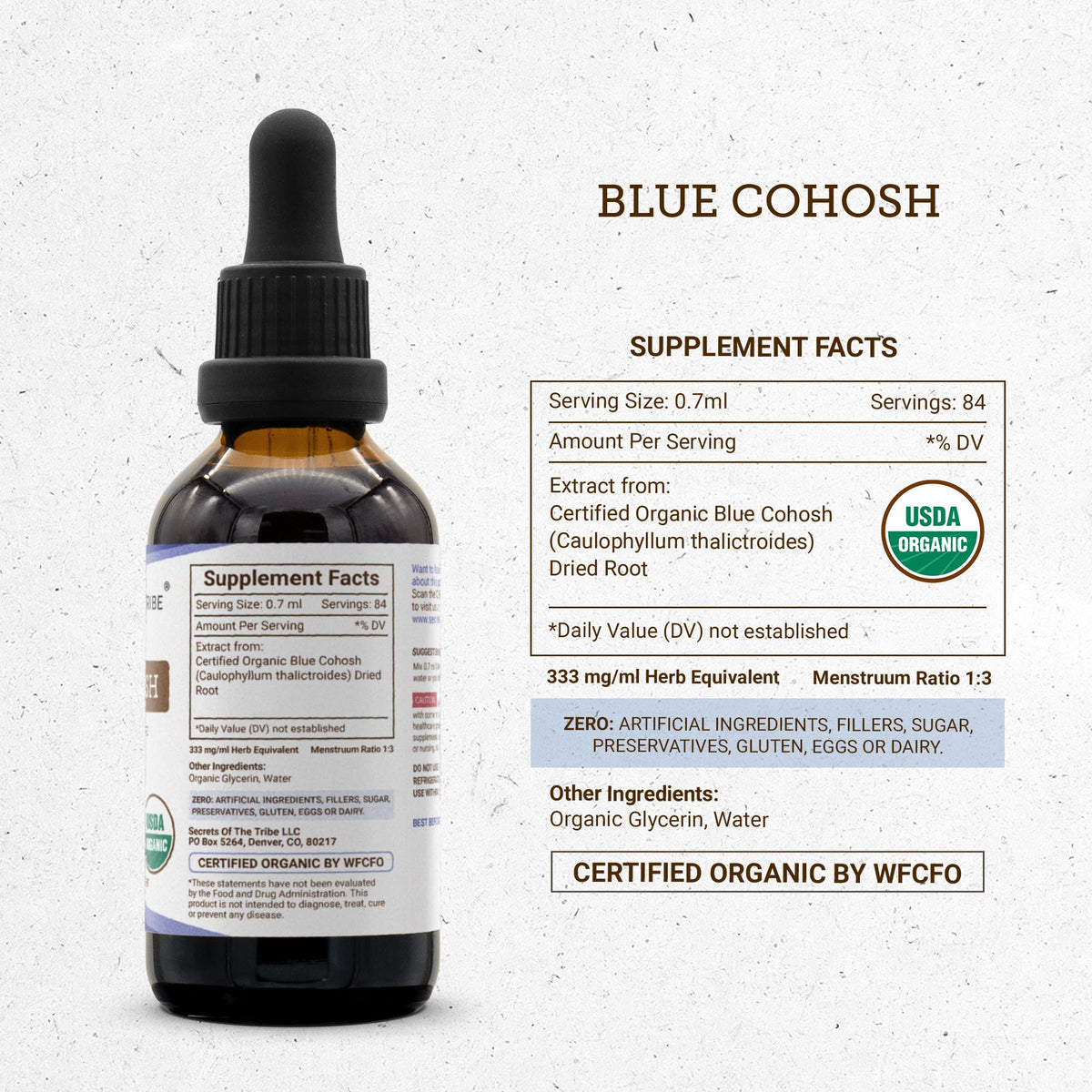 Vue du flacon d'extrait de Blue Cohosh Bio avec gouttes