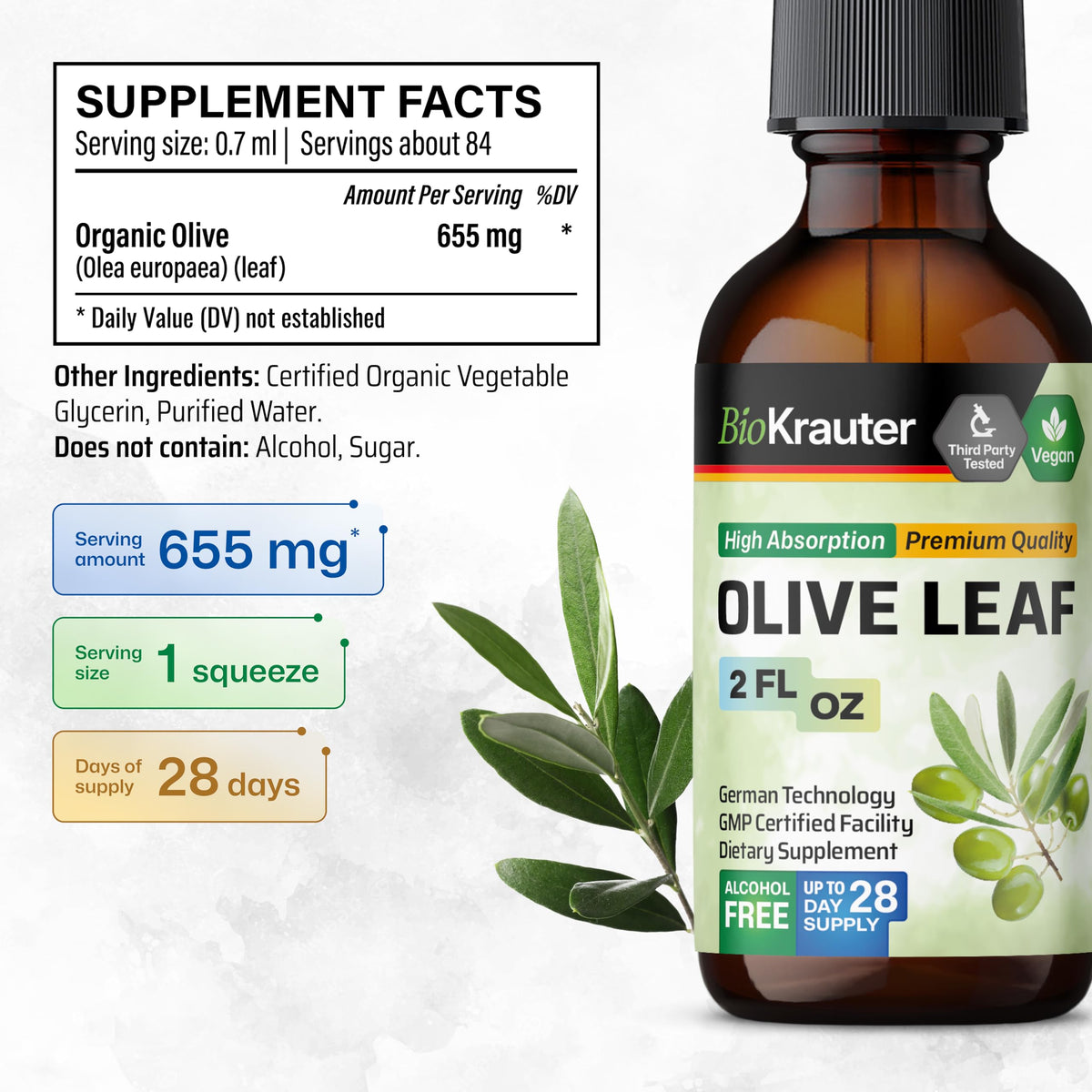 Vue du flacon d'extrait de feuille d'olive BIO KRAUTER avec gouttes