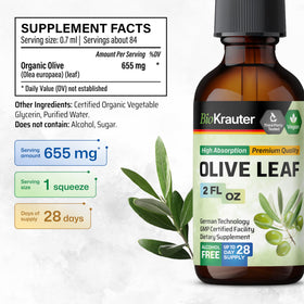 Vue du flacon d'extrait de feuille d'olive BIO KRAUTER avec gouttes
