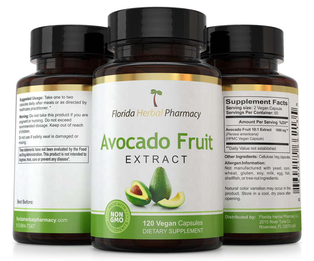 Vue du flacon d'extrait de fruit d'avocat avec capsules sur une surface plane