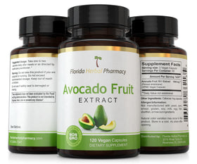 Vue du flacon d'extrait de fruit d'avocat avec capsules sur une surface plane