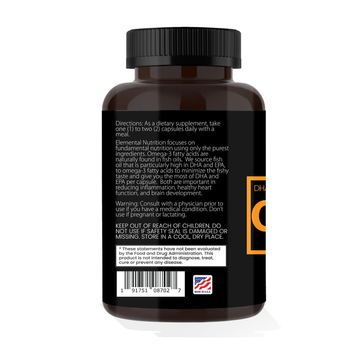 Vue du flacon d'Omega-3 Elemental Nutrition avec étiquette