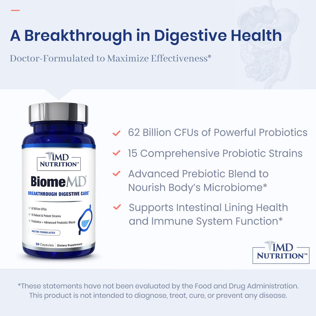 Vue du flacon de 1MD Nutrition BiomeMD ouvert avec capsules à l'intérieur
