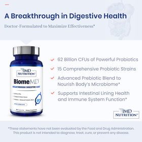 Vue du flacon de 1MD Nutrition BiomeMD ouvert avec capsules à l'intérieur