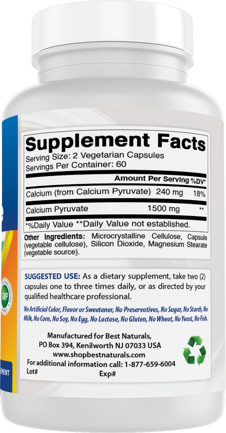 Vue du flacon de Calcium Pyruvate Best Naturals avec étiquette