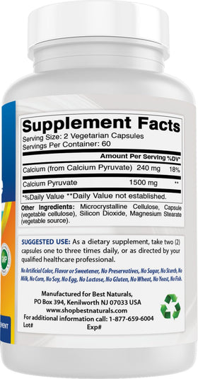 Vue du flacon de Calcium Pyruvate Best Naturals avec étiquette