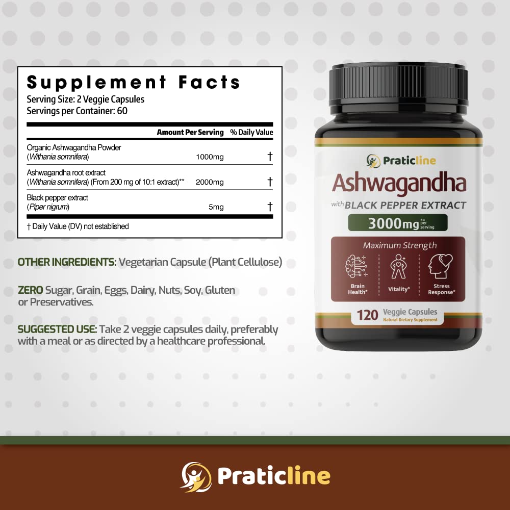 Vue du flacon de capsules d'Ashwagandha PRATIC LINE avec ingrédients