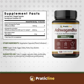 Vue du flacon de capsules d'Ashwagandha PRATIC LINE avec ingrédients
