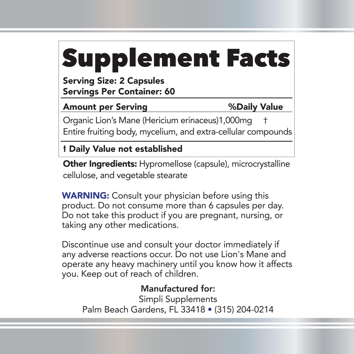 Vue du flacon de capsules de champignon lion Simpli Supplements sur une table