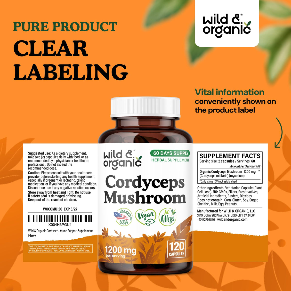 Vue du flacon de capsules de cordyceps Wild & Organic avec étiquette détaillée