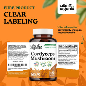 Vue du flacon de capsules de cordyceps Wild & Organic avec étiquette détaillée