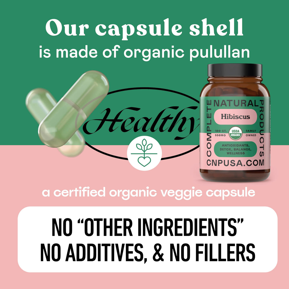 Vue du flacon de capsules de hibiscus bio Complete Natural Products ouvert