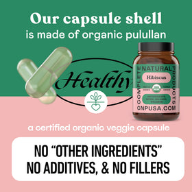 Vue du flacon de capsules de hibiscus bio Complete Natural Products ouvert