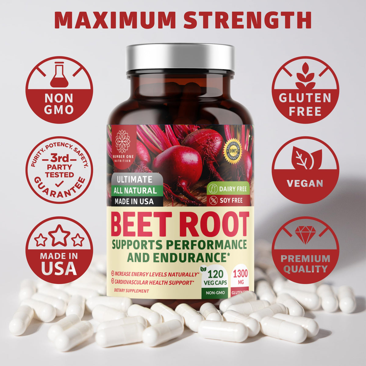 Vue du flacon de capsules de racine de betterave bio ouvert
