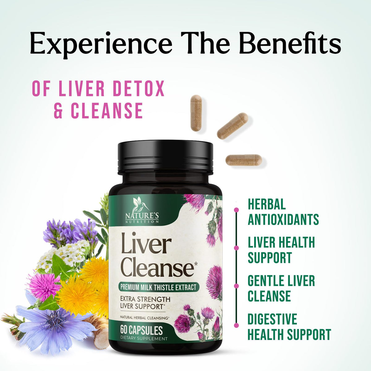 Vue du flacon de chardon-Marie Nature's Nutrition avec capsules à l'intérieur