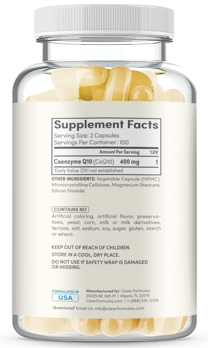 Vue du flacon de Clear Formulas CoQ10 400mg avec dosage