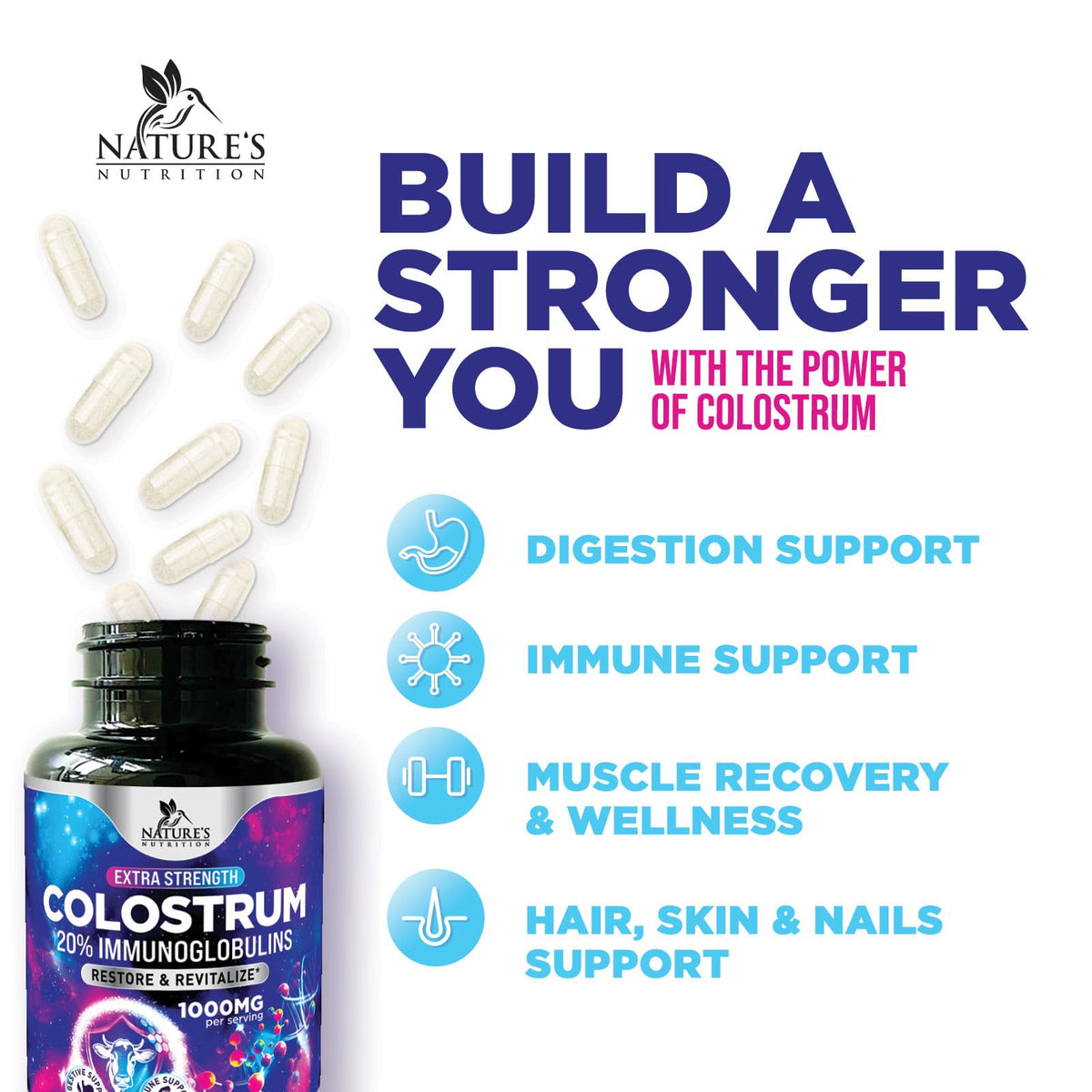 Vue du flacon de colostrum Nature's Nutrition avec capsules