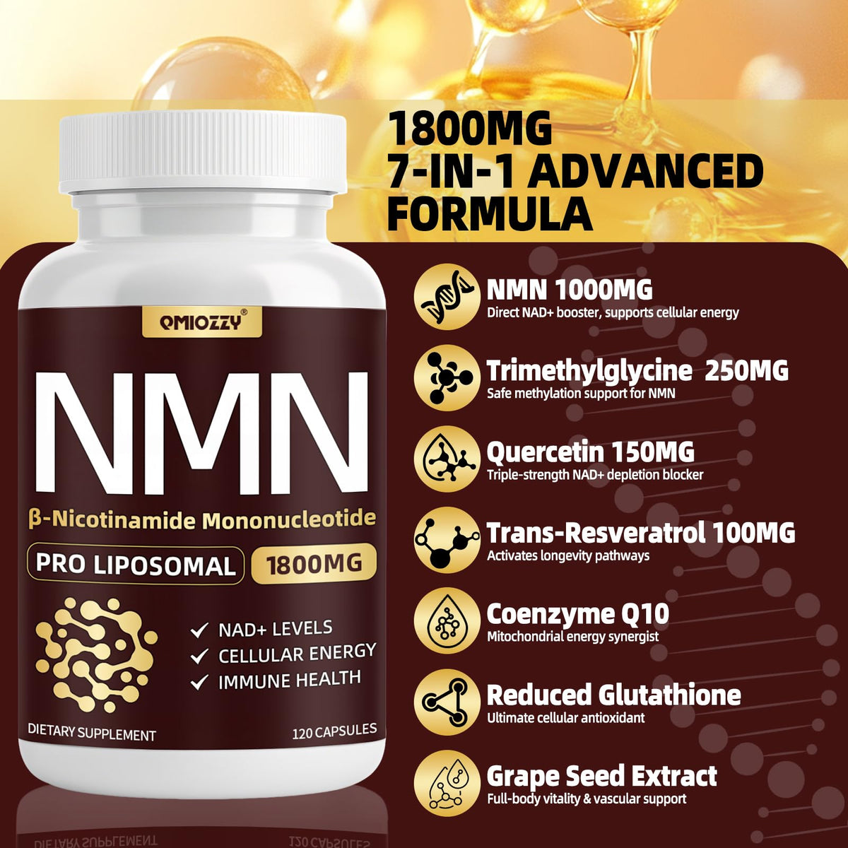 Vue du flacon de complément alimentaire NMN 1000mg Qmiozzy avec étiquette