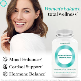 Vue du flacon de compléments Superfood MD pour cheveux sur une table