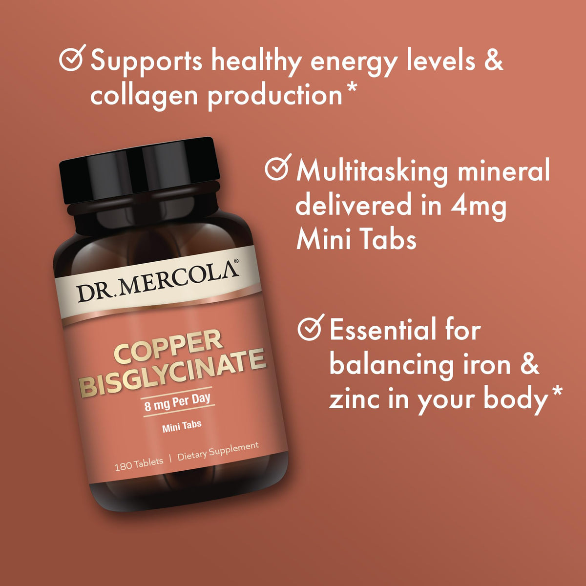 Vue du flacon de Copper Bisglycinate Dr. Mercola avec étiquette