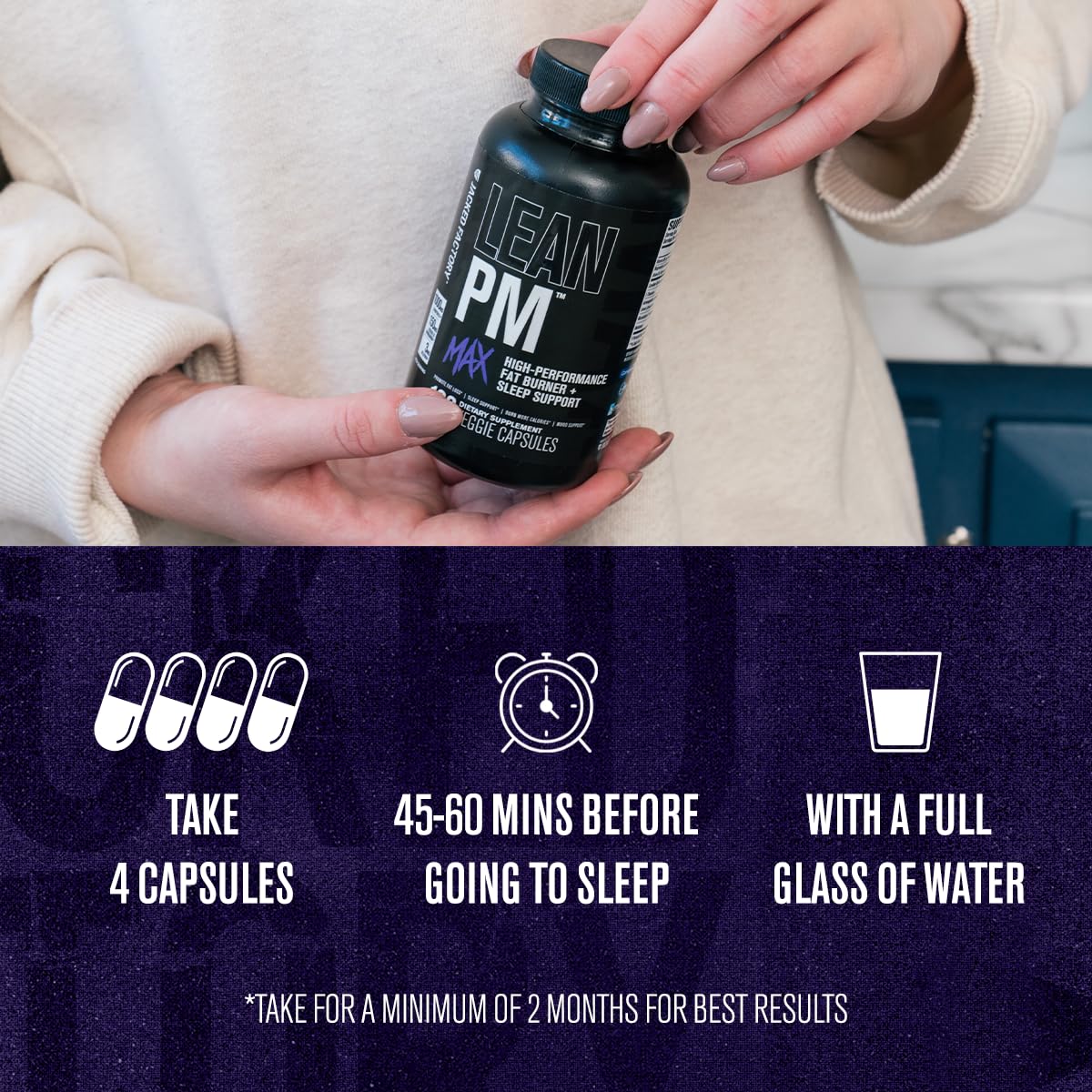 Vue du flacon de Jacked Factory Lean PM Max avec capsules à côté