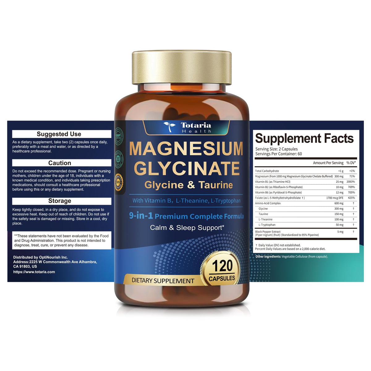 Vue du flacon de magnésium glycinate Totaria sur une table en bois