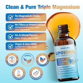 Vue du flacon de magnésium liposomal Nexalo rithu avec des ingrédients