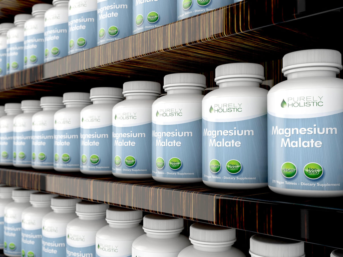 Vue du flacon de Magnésium Malate 400MG Purely Holistic avec dosette